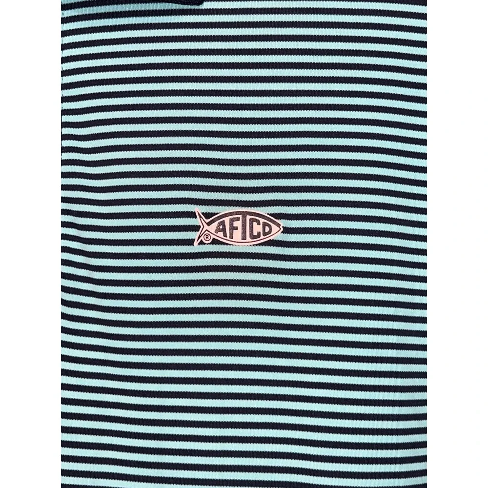 AFTCO AFTECH Mens XL Performance Fishing Polo Shirt Striped Teal Navy Blue